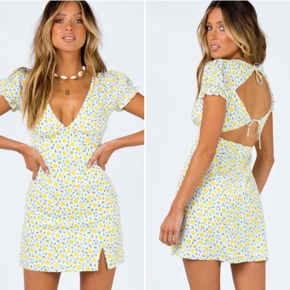 Princess Polly Kasey Mini Dress Yellow Multi Lemons Puff Sleeve Size 2 Summer - Picture 1 of 12